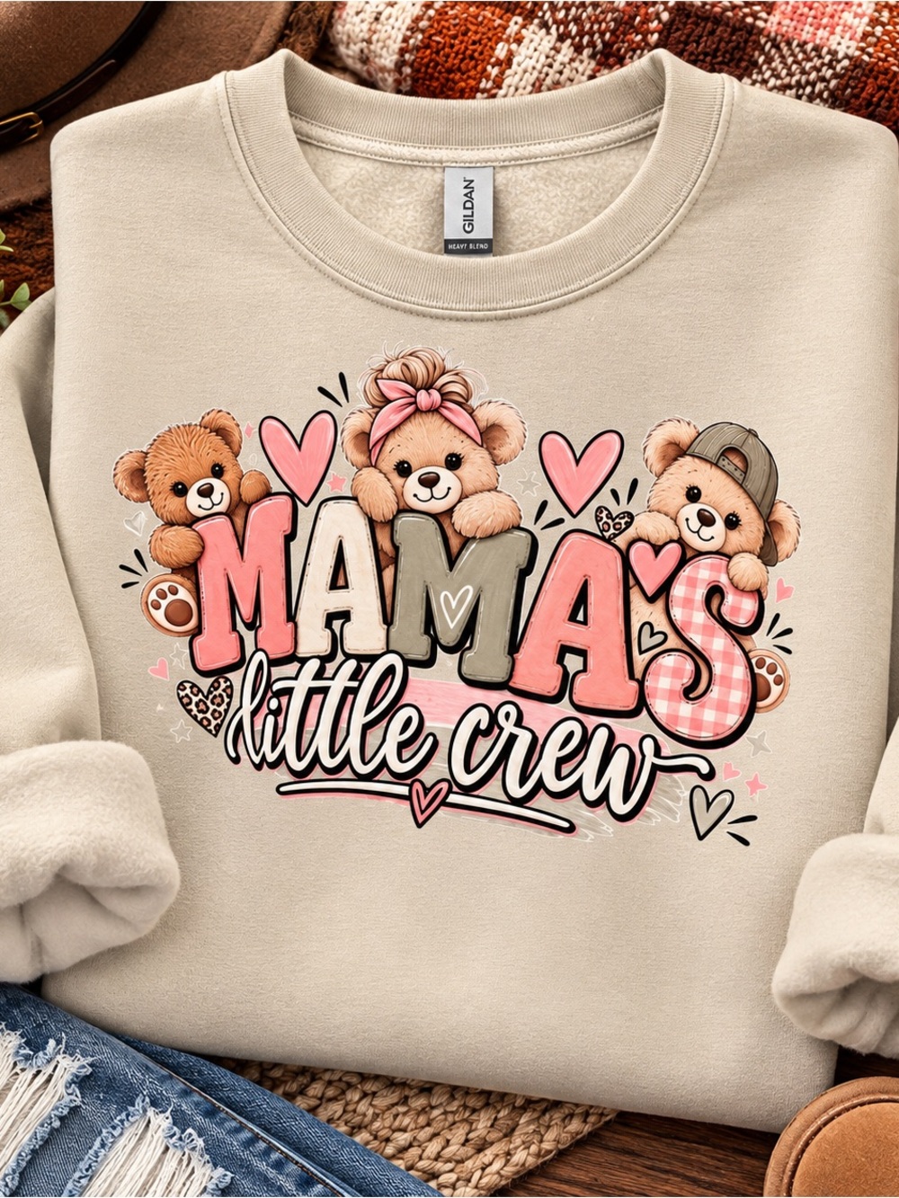 Gildan Cream Sweatshirt with Pink & Brown 'Mama's Little Crew' Bear Design